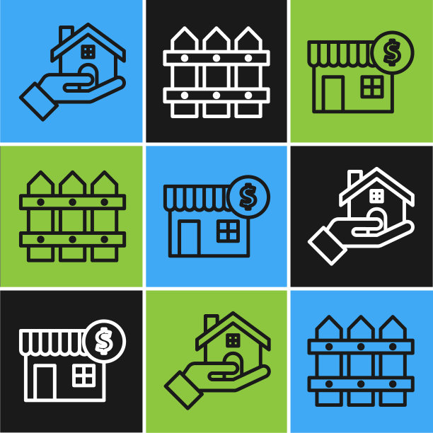 设置行房地产经纪人，房子与美元符号和花园栅栏木图标。向量图片下载