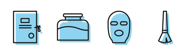 设置线盗贼面具，诉讼纸，墨水瓶和画笔图标。向量图片下载