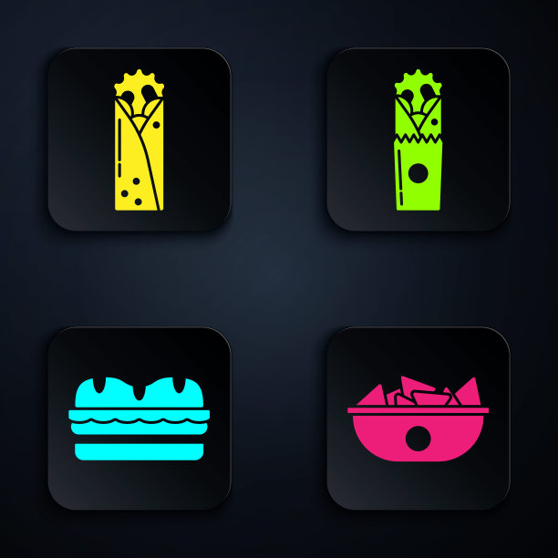 把烤干酪辣味玉米片放在盘子里，烤肉串，三明治和烤肉串。黑色方形按钮。向量图片下载