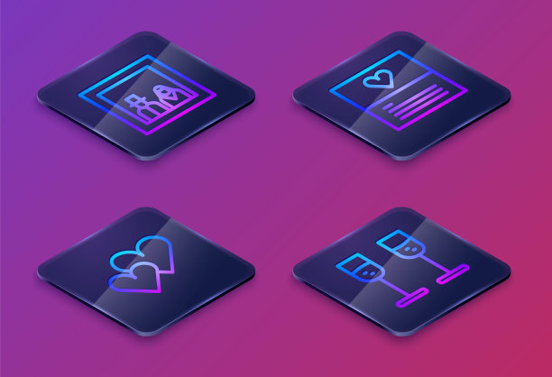 设置等距线家庭照片，心，贺卡和香槟。蓝色方块按钮。向量图片下载