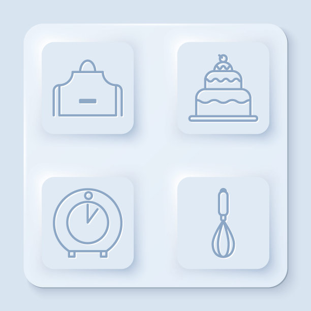 设置生产线厨房围裙，蛋糕，厨房定时器和厨房搅拌器。白色正方形按钮。向量图片下载