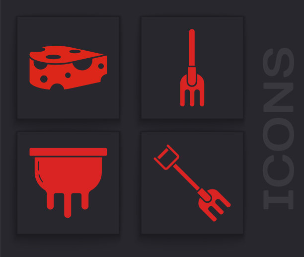 设置花园耙子，奶酪，花园耙子和乳房图标。向量图片下载