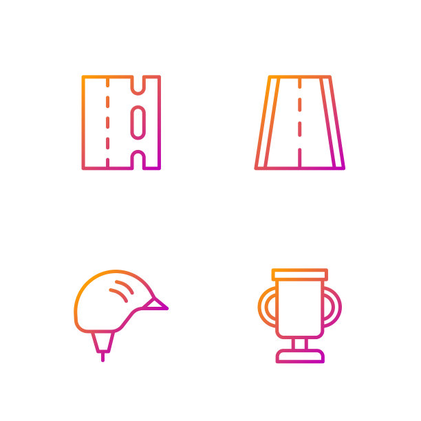 设有自行车线奖杯、自行车头盔、泳道及。渐变颜色图标。向量图片下载