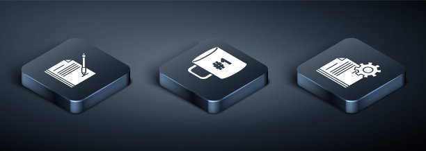 设置等距空白笔记本和笔，文件设置齿轮和咖啡杯平面图标。向量图片下载