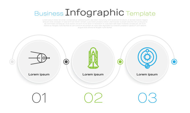 设置卫星、航天飞机、火箭和太阳系。业务信息模板。向量图片下载