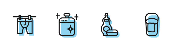 设置线洗碗液瓶，烘干衣服，清洁炊具和桶与抹布图标。向量图片下载