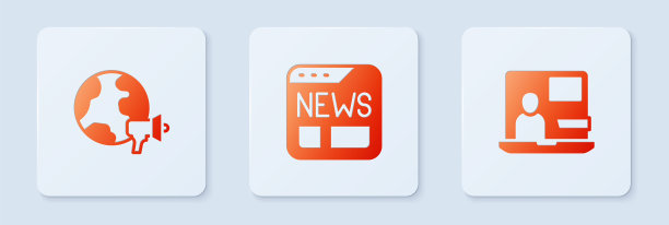 设置新闻，世界新闻和。白色正方形按钮。向量图片下载