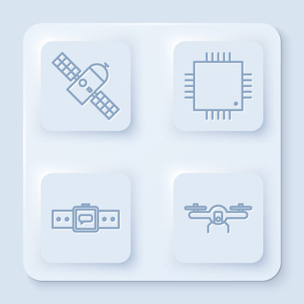 设置线卫星，处理器与微电路CPU，智能手表和无人机飞行。白色正方形按钮。向量图片下载