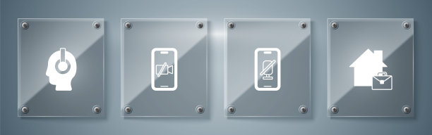 设置“在线工作”、“手机静音麦克风”、“摄像机关闭”和“自由职业者”。方形玻璃面板。向量图片下载