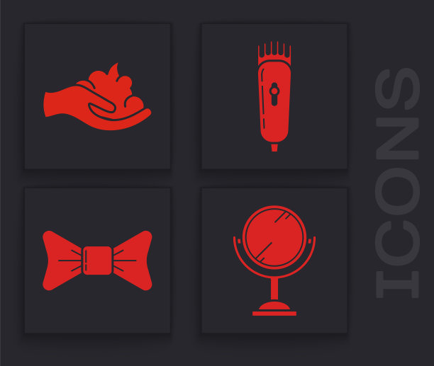 设置手镜，剃须凝胶泡沫在手，电动理发器或剃须刀和蝴蝶结图标。向量图片下载