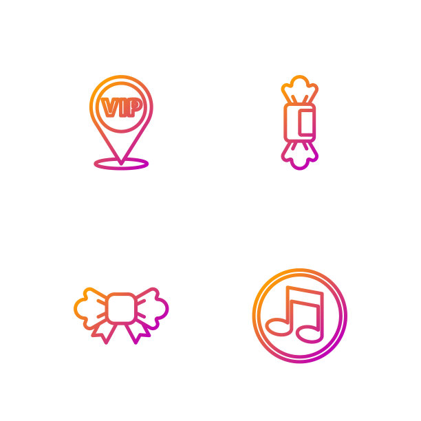 设置线音乐音符，音调，领结，位置Vip和糖果。渐变颜色图标。向量图片下载