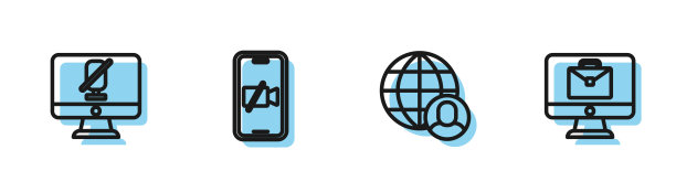 设置线路自由职业者，计算机静音麦克风，摄像机移动关闭和在线工作图标。向量图片下载