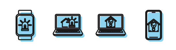 设置线灯泡，智能手表智能房子和闹钟，笔记本电脑智能房子和闹钟和手机智能房子和灯泡图标。向量图片下载