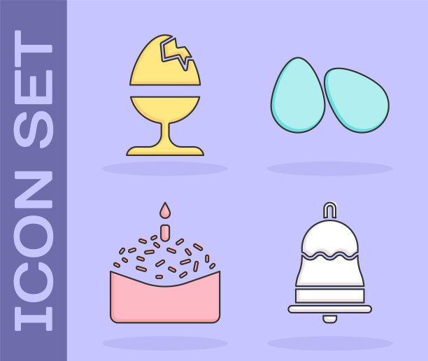 设置铃声，鸡蛋在一个立场，复活节蛋糕和蜡烛和复活节彩蛋图标。向量图片下载