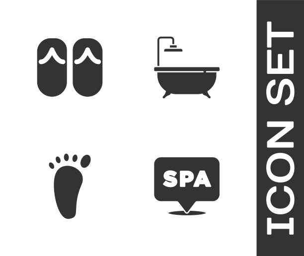 设置水疗沙龙，人字拖，足部按摩和浴缸图标。向量图片下载