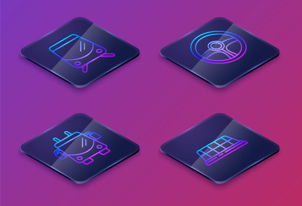 设置等距线有轨电车、无轨电车、方向盘、出租车车顶。蓝色方块按钮。向量图片下载