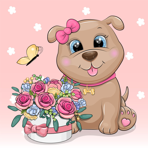 可爱的卡通小狗带着玫瑰花束和蝴蝶。图片下载