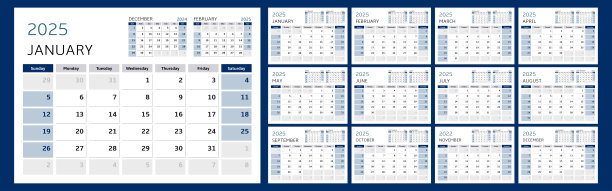 一套12个水平季度日历页为2025年的蓝色阴影。矢量设计模板。一周从周日开始。图片下载