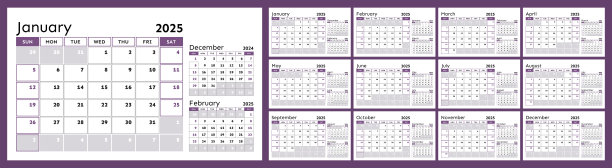 一套12个水平季度日历页为2025年紫色阴影。矢量设计模板。一周从周日开始。图片下载