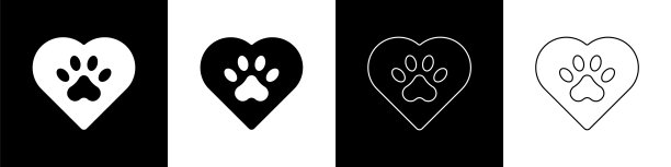 设置心与动物足迹图标孤立在黑白背景。宠物爪子在心里。爱护动物。向量图片下载