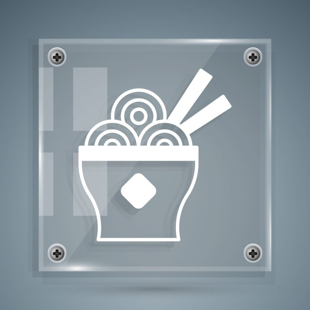 白色亚洲面条碗和筷子图标孤立的灰色背景。街头快餐。韩国、日本、中国菜。方形玻璃面板。向量图片下载