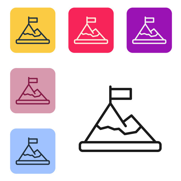 黑色线山脉与旗帜在顶部图标孤立在白色背景上。象征胜利或成功的概念。目标的成就。设置彩色方块按钮图标。向量图片下载