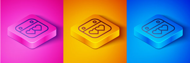 等距线日历与心脏图标孤立在粉红色和橙色，蓝色背景。情人节。爱的象征。2月14日。方形按钮。向量图片下载