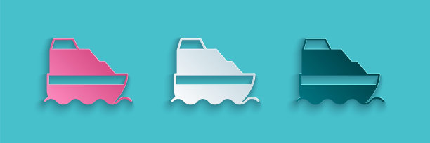 剪纸游轮在海洋图标孤立的蓝色背景。巡航。纸艺术风格。向量图片下载