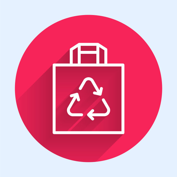 白线纸购物袋与回收图标孤立与长阴影背景。有回收标志的袋子。红色圆圈按钮。向量图片下载