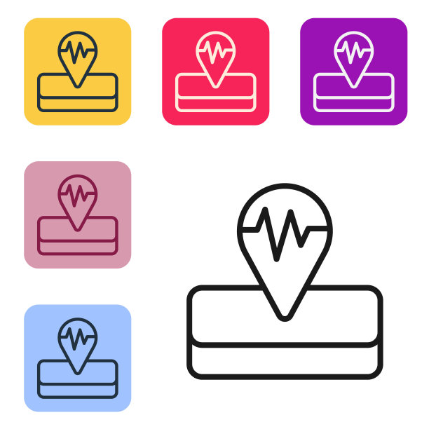 黑色线地震图标孤立在白色背景上。设置彩色方块按钮图标。向量图片下载