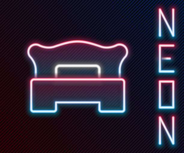 发光的霓虹灯线卧室图标孤立在黑色背景。婚礼，爱情，婚姻的象征。蜜月收藏的卧室创意图标。色彩斑斓的轮廓的概念。向量图片下载