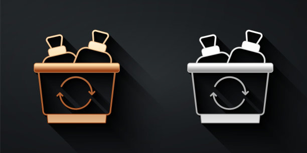 金和银回收站与回收符号图标孤立在黑色背景上。垃圾桶图标。垃圾桶的迹象。回收篮的迹象。长长的阴影风格。向量图片下载