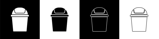 设置垃圾桶图标孤立在黑白背景上。垃圾桶的迹象。回收篮图标。办公室垃圾图标。向量图片下载