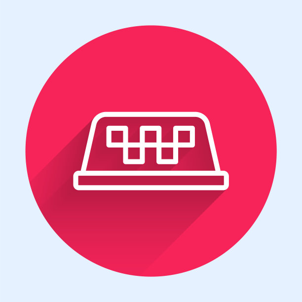 白线出租车车顶图标孤立与长阴影背景。红色圆圈按钮。向量图片下载