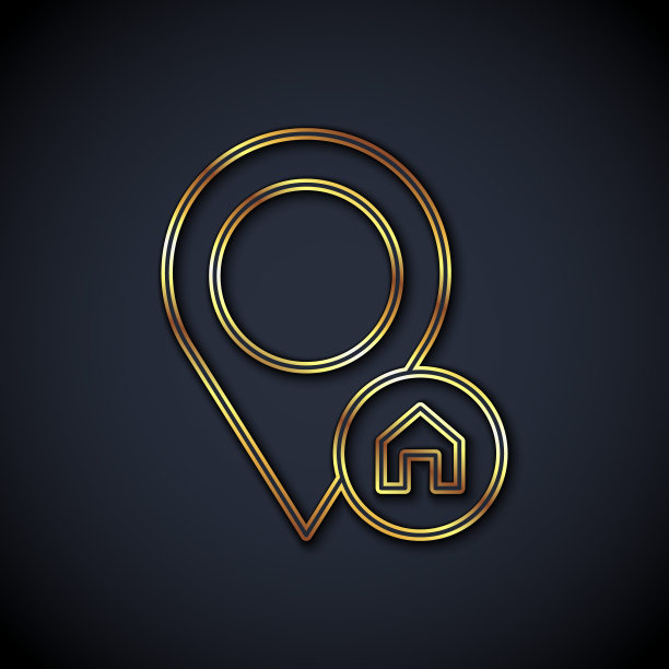 金线地图指针与房子图标孤立在黑色背景上。主页位置标记符号。向量图片下载