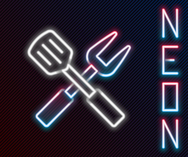 发光霓虹灯线交叉叉和抹刀图标孤立在黑色背景上。烧烤叉和抹刀标志。烧烤和烧烤工具。色彩斑斓的轮廓的概念。向量图片下载