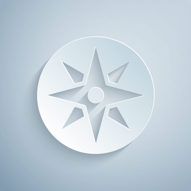 剪纸风玫瑰图标孤立的灰色背景。指南针图标的旅行。导航设计。纸艺术风格。向量图片下载