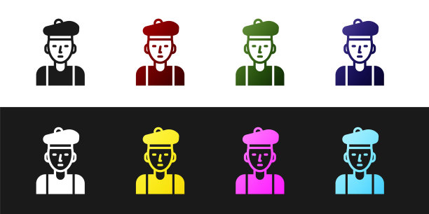 设置法国男人图标孤立在黑白背景上。向量图片下载