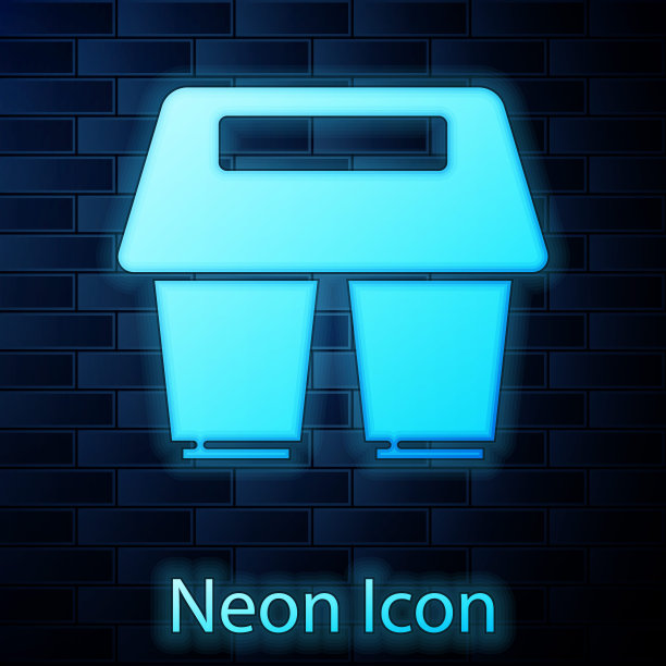 发光的霓虹灯咖啡杯去图标孤立在砖墙背景。向量图片下载