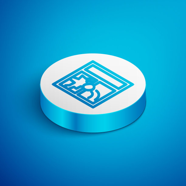 破碎的窗口图标孤立在蓝色背景上。损坏的窗口。殴打窗玻璃的概念。破坏行为。白色的圆按钮。向量图片下载