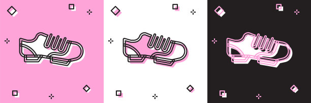 设置铁人三项自行车鞋图标孤立在粉红色和白色，黑色背景。运动鞋，自行车鞋。向量图片下载