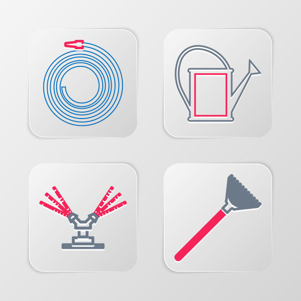 设置园林耙叶线、自动喷灌洒水器、喷灌罐和消防软管图标。向量图片下载