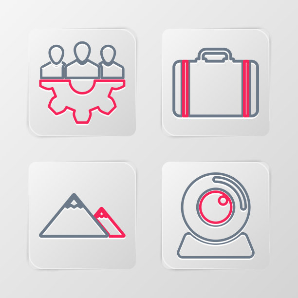 设置线上网络摄像头，山脉，旅行箱和项目团队基地图标。向量图片下载