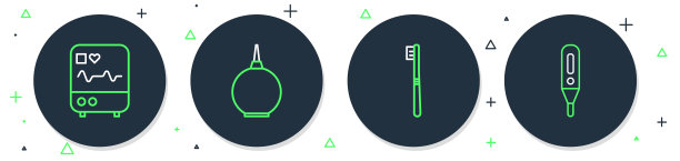 设置线灌肠，牙刷，监视器与心电图和医疗数字温度计图标。向量图片下载