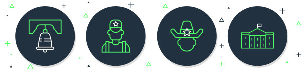 设置线警长牛仔，自由钟在费城和美国国会的图标。向量图片下载