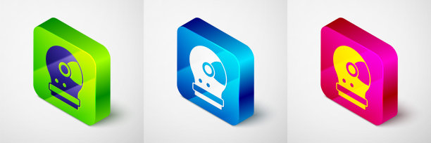 在灰色背景上孤立的等距宇航员头盔图标。方形按钮。向量图片下载