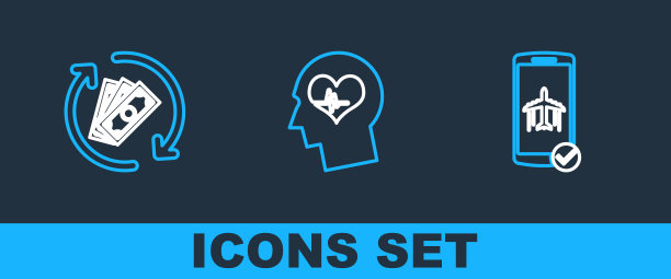 在手机中设置线路飞行模式，退款和头部心跳图标。向量图片下载