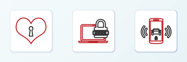 设置线智能汽车报警系统，心与钥匙孔和笔记本电脑密码图标。向量图片下载