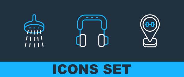 设置线路定位健身房，淋浴和耳机图标。向量图片下载