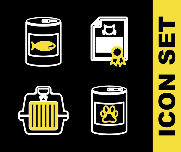 设置线证书的狗或猫，罐头食品，宠物手提箱和图标。向量图片下载